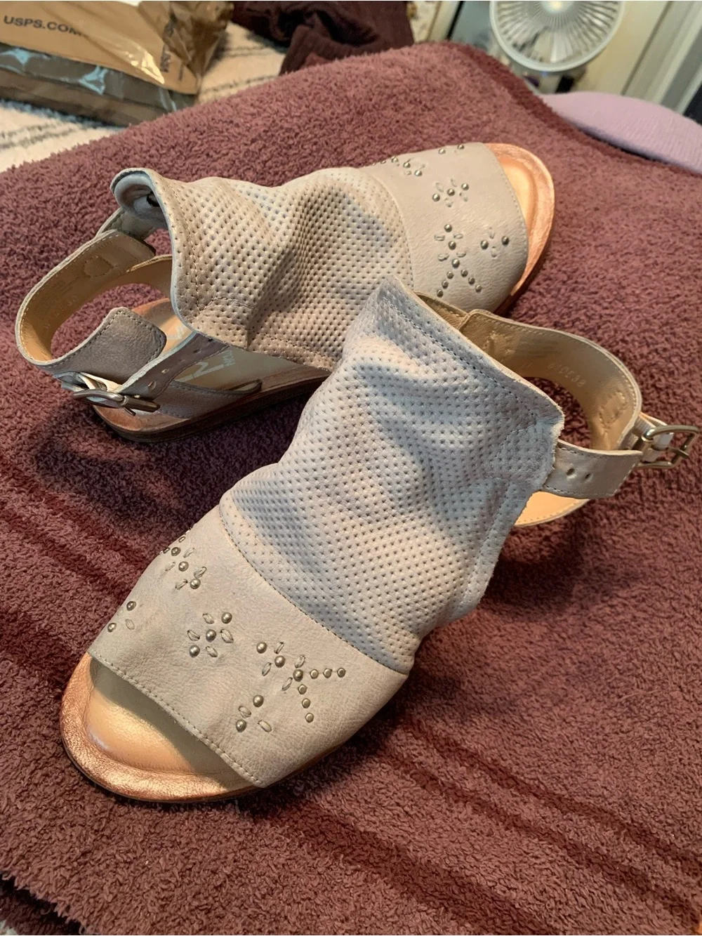 Miz Mooz Light Gray Perforated Slingback Sandals with Stud Detail